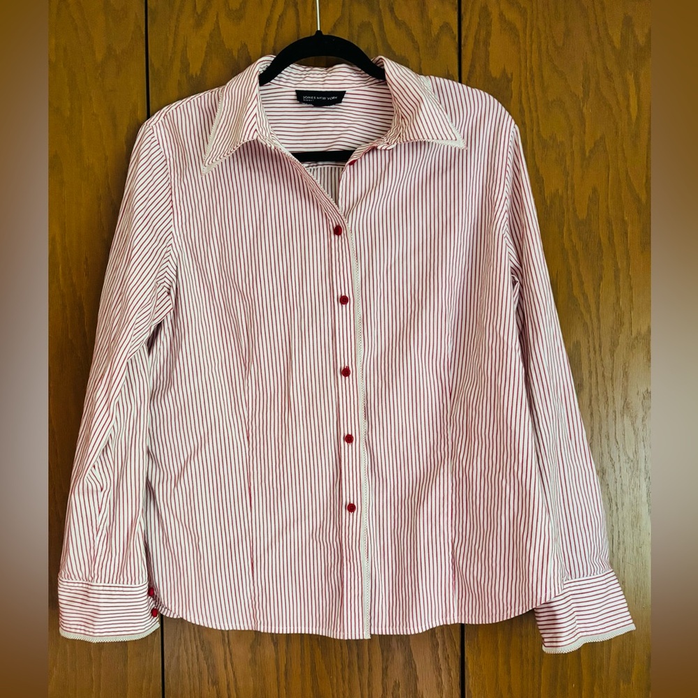 Jones New York Red and White Striped Button Down Shirt